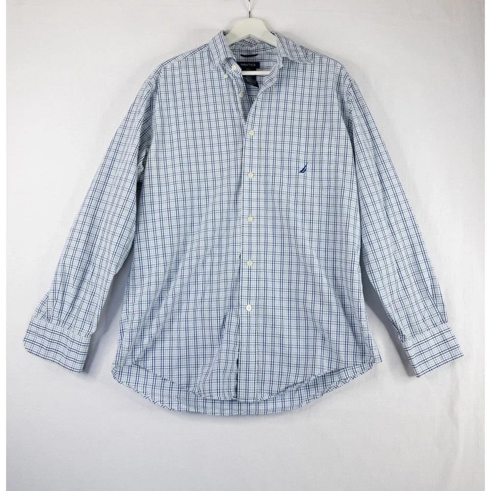 Nautica Button Down Shirt Mens M Blue White Plaid‎ Long Sleeve Cotton office